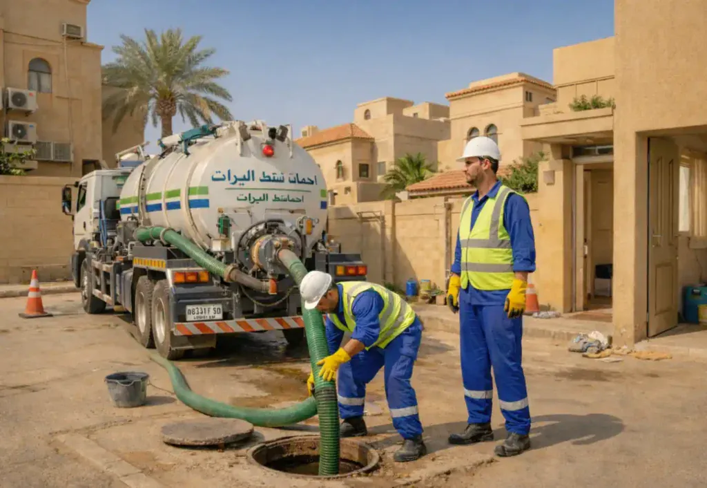 عمال يشفطون البيارة بوايت شفط في حي سكني بالرياض، خرطوم داخل فتحة الصرف بين بيوت الفلل