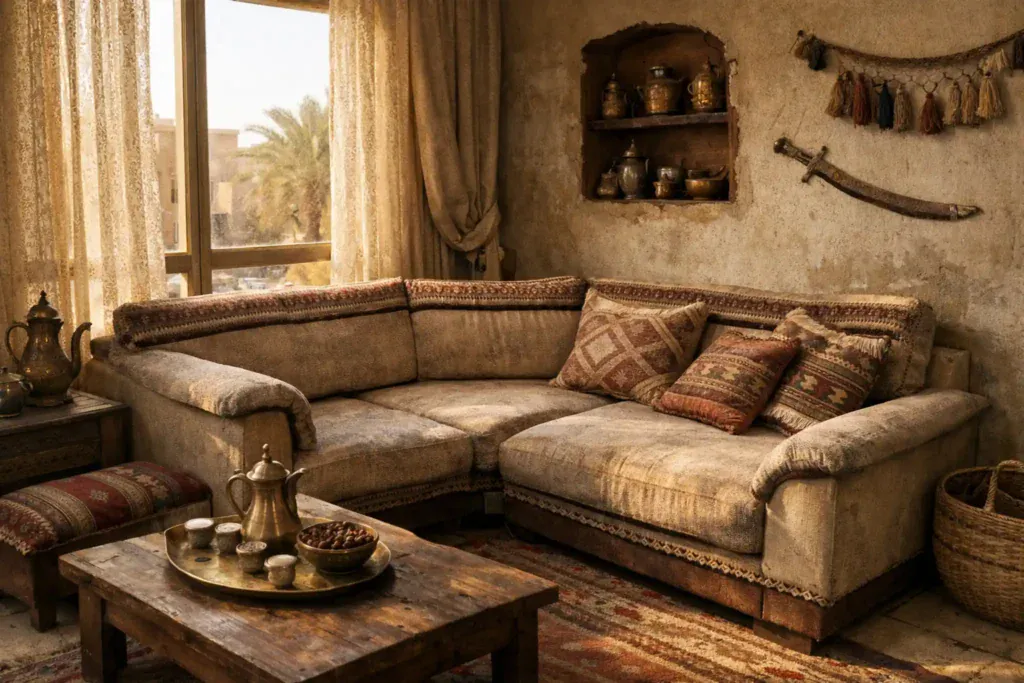 كنب قماشي في بيت بالرياض متأثر بالغبار بسبب الأجواء الحارة