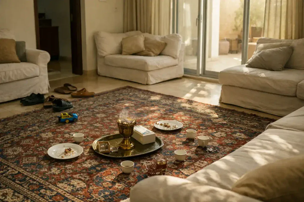 مجلس فيلا بعد عزيمة كبيرة مع فناجين قهوة وآثار الضيوف.