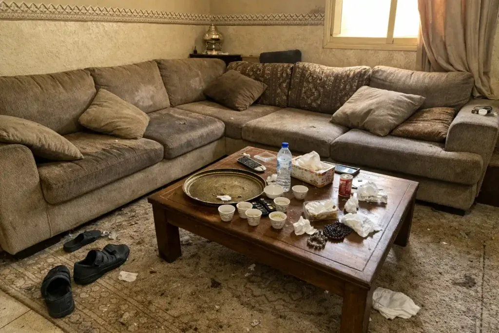 مجلس في بيت بالرياض بعد تجمع، الغبار وبقايا القهوة باينة على السجاد