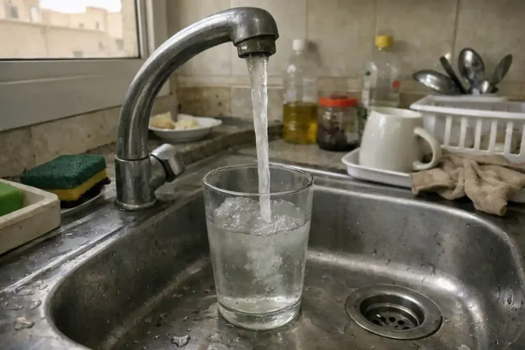 مياه صنبور داخل مطبخ منزلي تبدو غير صافية أثناء الاستخدام اليومي