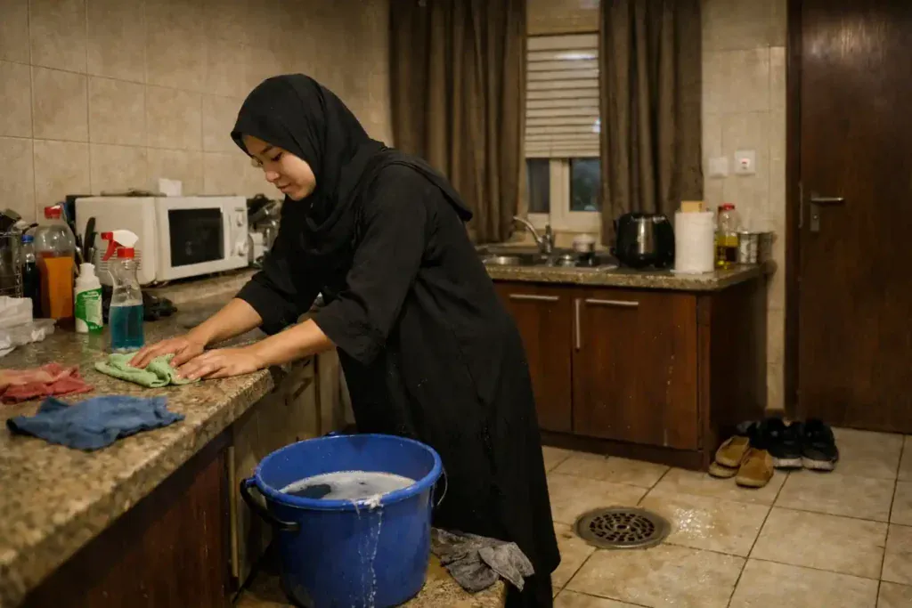 عاملة تنظيف تمسح سطح المطبخ في بيت بالرياض، مع أرضيات بلاط، مكيف شباك، وأدوات تنظيف مستخدمة
